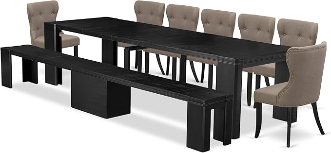 X07SI-B06-48 - 9-piece Dining Room Table Set a Rectangular Kitchen Table and a wooden Bench and 7 coffee Linen Fabric Dining Chair, 39x120 Inch, Wire Brushed Black