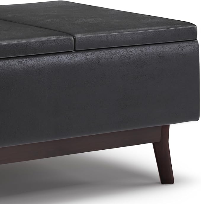 SIMPLIHOME Owen 34 inch Wide Mid Century Modern Rectangle Tray Top Small Coffee Table Storage Ottoman in Distressed Black Vegan Faux Leather, Assembled, for the Living Room, Entryway and Family Room