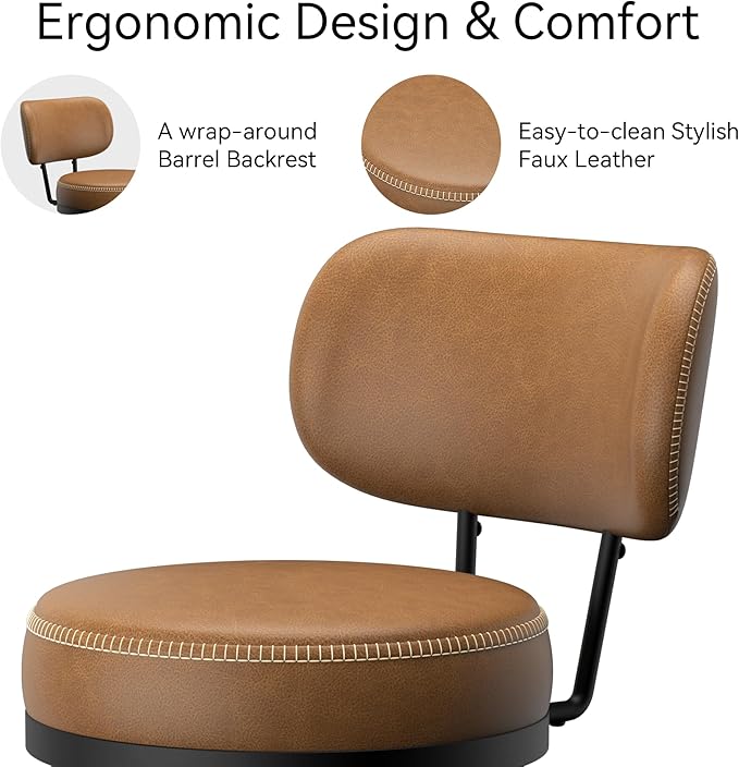 Counter Height Bar Stools, 26" H Swivel Barstools Set of 2, Faux Leather Kitchen Counter Stools with Back and Stylish Stitching, Metal Frame, Pub, Home Bar, Whisky Brown