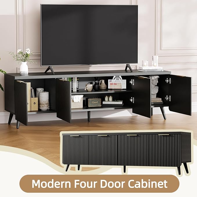TV Stand for Up to 60" TVs, Modern Entertainment Center with 4 Cylindrical Stripe Doors, Media Console Table with Solid Wooden Legs, Modern TV Stand for Living Room, Bedroom, Black