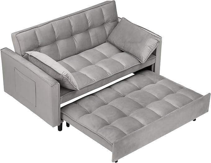Ball & Cast Velvet Futon Sofa Couch with Pull-Out Bed,3 in 1 Convertible Sleeper Sofa Bed,Convertible Pull Out Couches W/2 Pillows,Adjustable Backrest & Side Pocket,for Living Room,Apartment,Gray,55"