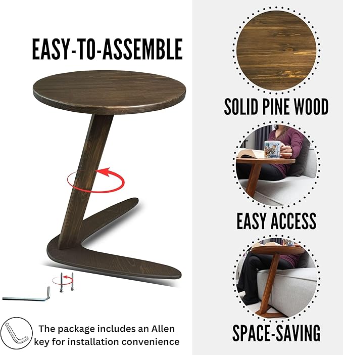 C-Shaped Handmade Solid Wood End Table, Side Table for Couches, Sofa Tables Slide Under Couch for Living Room, Over Couch TV Tray Table for Small Spaces (Medium, Dark Walnut)