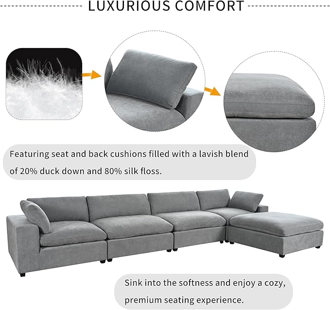 176.4 Inch L Shaped Modular Sectional Sofa with Removable Ottoman, 5-Seater Oversized Deep Seat Corner Couch for Living Room, Apartment, Office, Spacious Space, Grey