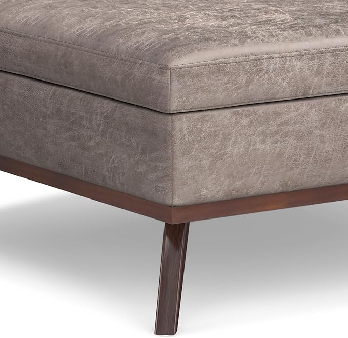 SIMPLIHOME Owen 40 inch Wide Mid Century Modern Square XL Coffee Table Storage Ottoman in Distressed Grey Taupe Vegan Faux Leather, Assembled, for The Living Room, Entryway and Family Room