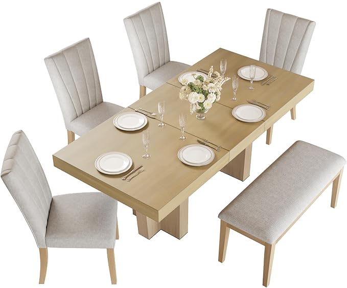 Ball & Cast 6 Piece Farmhouse Dining Table Set with Extendable Table,4 Upholstered Chairs & 1 Bench,Wooden Kitchen Table Set of 6,Backrest Chair with Table & Upholstery-Bench,for Dining Room,Natural