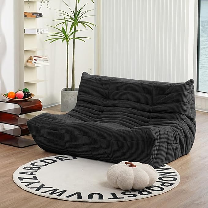 N&V Fireside Loveseat, Mid Century Armless Twin Size Floor Sofa, Soft Premium Corduroy Floor Lounge Chair, Foam Sofa Accent Chair for Living Room Bedroom and Office, Black