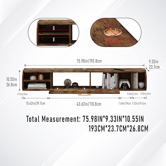 Floating TV Unit, 76'' Wall Mounted TV Cabinet, Floating Shelves with 4 Cabinets, Wood Entertainment Media Console Center Large Storage TV Bench for Living Room & Office (Rustic Brown)