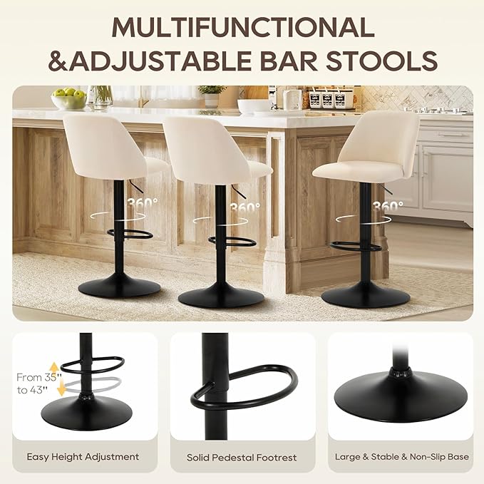 COLAMY Bar Stools Set of 6, Modern Swivel Bar Chairs, Adjustable Upholstered Barstools Counter Height with Full Backrest for Bar, Dining Room, Kitchen Island, Beige