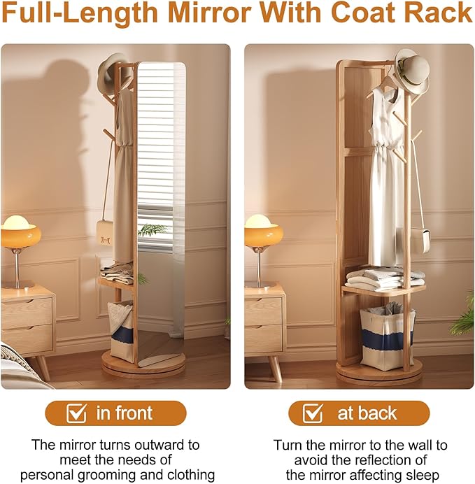 70"x16"Full Length Mirror with Stand,Coat Rack with Mirror,Solid Wood Floor Mirror,Swivel Mirrorfor Bedroom, Living Room, Cloakroom