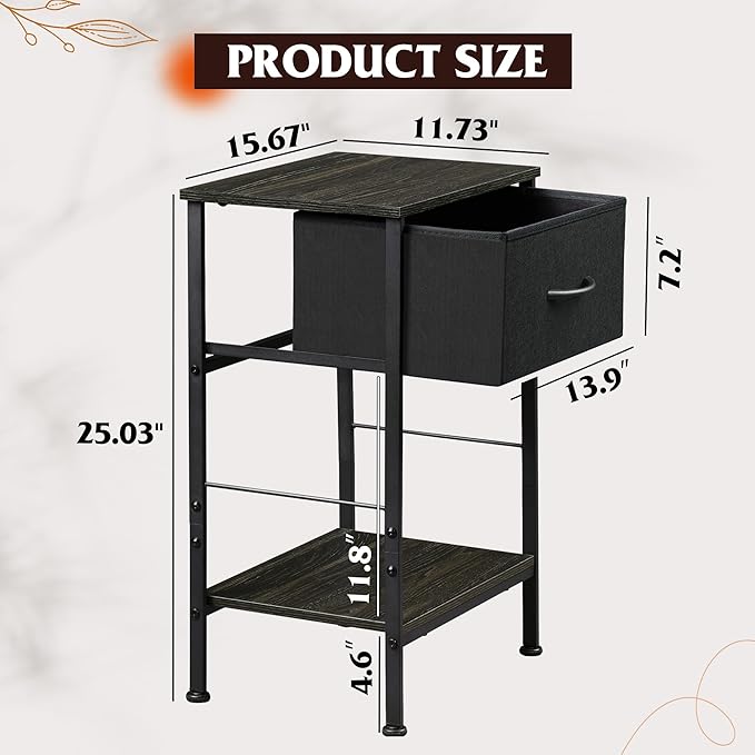 WLIVE Black Nightstand, Bedside Table with Fabric Storage Drawer, Open Wood Shelf, Night Stand for Bedroom Furniture, End Table for Dorm, Entryway, 25.03" Height