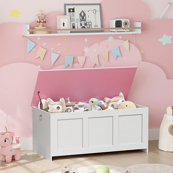 HOOBRO Storage Bench, 39.3" Retro Wooden Storage Chest, Wooden Storage Trunk, Toy Chest with Lift Top, Multifunctional Entryway Organizer, for Entryway, Living Room, White and Pink WK141CW01