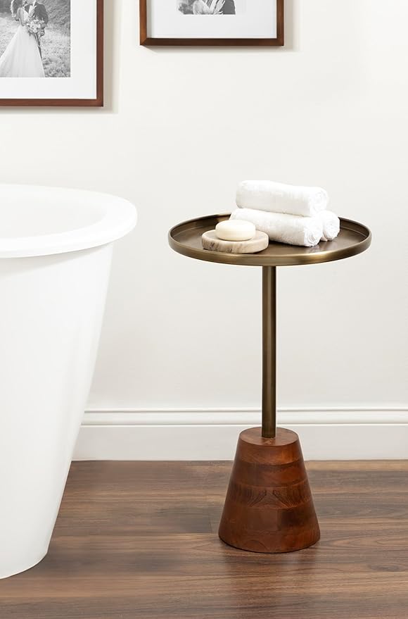 Kate and Laurel Tira Elegant Round Side Table, 14 x 24, Brass and Walnut Brown, Mid-Century Circle End Table for Use as Bedroom Nightstand or Living Room Table Option