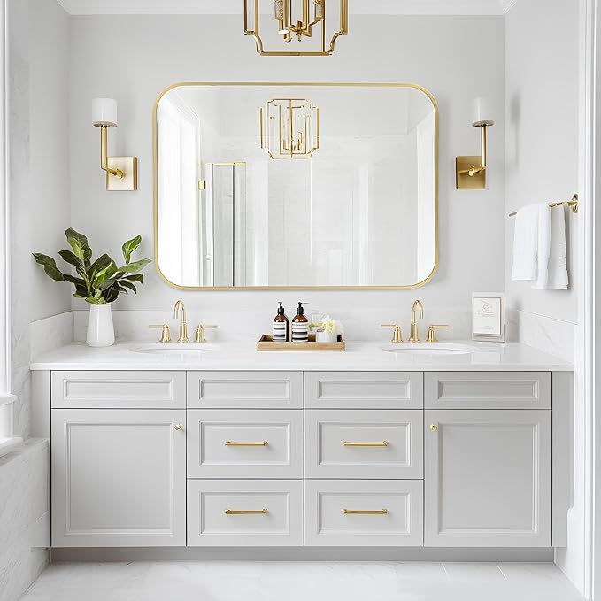 MZON 30x36 Inch Large Brushed Gold Vanity Mirror, Rectangle Bathroom Mirrors for Over Sink, Anti-Rust Frame & Tempered Glass, Hangs Both Ways - Perfect for Luxe Living Room or Bathroom Wall Decor