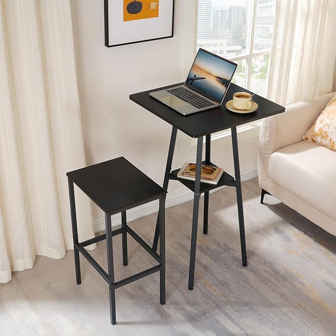 HOOBRO Bar Table, 2-Tier High Top Pub Table, Counter Height Table with Storage, Small Kitchen Dining Table, 36.6" High Bar Table for Living Room Party, Easy to Assemble, Black BB51BT01