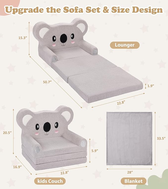 Kids Couch, 2-in-1 Soft Toddler Couch Fold Out with Blanket, Chair Comfy, Foldable Convertible Plush Sofa to Lounger, Gifts for Kids Girl Boys, Koala