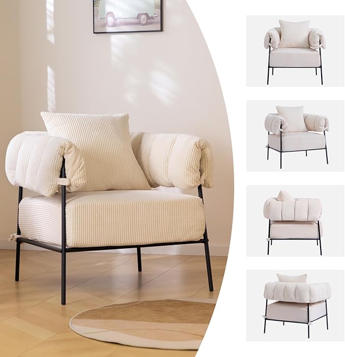 HollyHOME Modern Velvet Accent Chair, Upholstered Comfy Reading Chair, Fabric Large Lazy Arm Chair with Soft Cushion, Metal Frame Lounge Sofa Chair for Living Room, Bedroom, Balcony, Beige