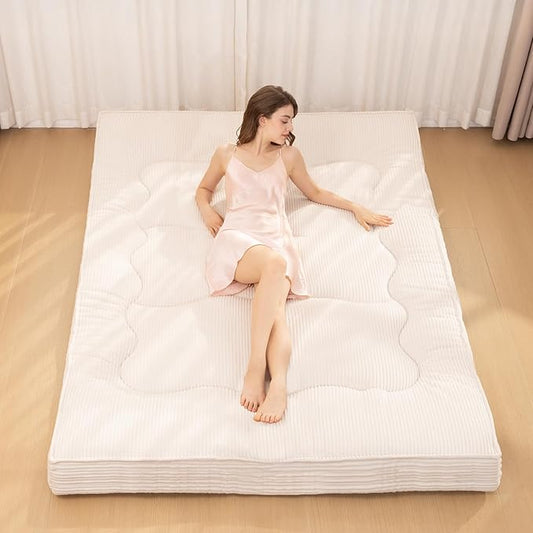 Japanese Floor Mattress, 4" Thicken Futon Mattress Twin Size Sleeping Pad, Corduroy Foldable Floor Pad, Roll Up Tatami Mat for Adults Guest Room Bedroom, Beige