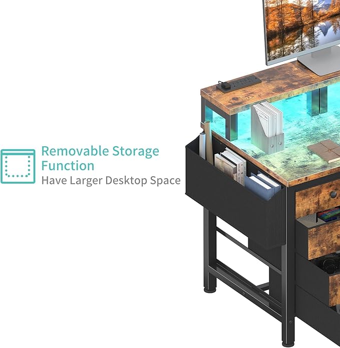 Lufeiya Reversible Gaming Desk with LED Lights and Power Outlets, 47 inch Home Office Desk with Monitor Stand, Computer Desk with Fabric Drawers, Rustic Brown