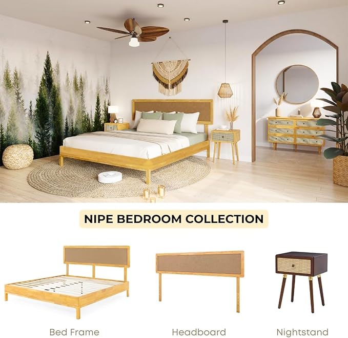 Bme Nipe 14 Inch Bohemian Bed Frame with Adjustable Woven Headboard - Rustic & Vintage Unique Style with Acacia Wood - No Box Spring Needed - Easy Assembly - Twin, Natural