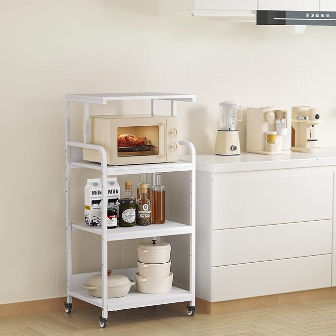4 Tier White Printer Stand with Storage Shelf, Large Tall Printer Table for Home Office, Rolling Printer Cart with Industrial Wheels for Paper Shredder Scanner Fax Heat Press Small Space (White)