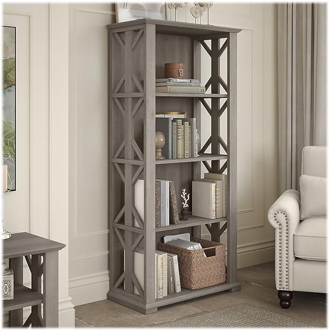 Bush Furniture Homestead 4 Shelf Farmhouse Bookcase in Driftwood Gray, Vertical Office Organizer, Home Shelving Unit for Books and Decor, Bookshelf