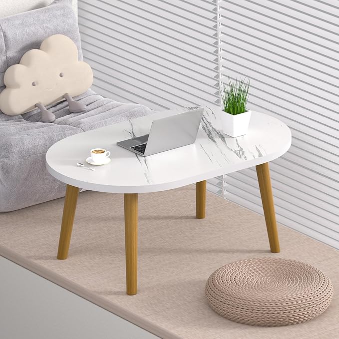 Small Coffee Table for Small Space, Low Table, Floor Table Desk for Sitting on The Floor, Japanese Coffee Table for Living Room, Tatami Tea Tables with Solid Wood Legs, Oval Coffee Tables, White