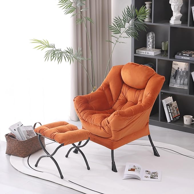 Lazy Chair with Folding Ottoman, Modern Accent Lounge Armchair with Armrests, a Side Pocket & Foldable Footstool, Leisure Reading Chair for Living Room, Bedroom, Dorm & Office, Velvet Orange
