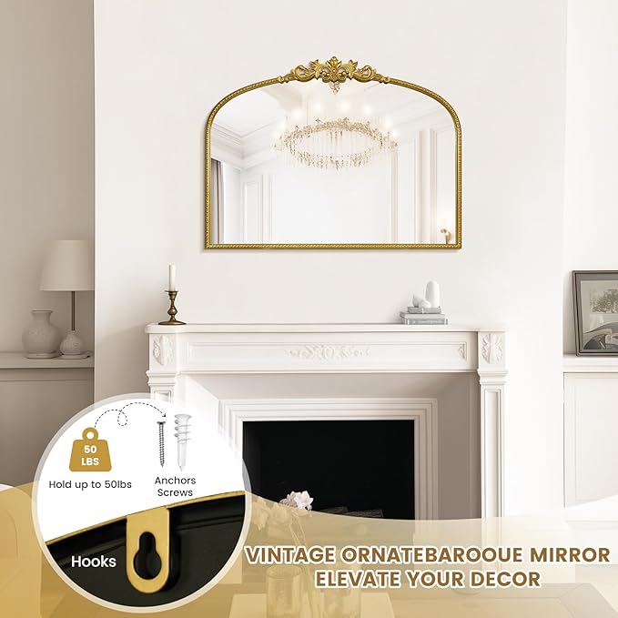 WallBeyond Gold Vintage Mirror - 32x24 Inch, Arched Antique Mirror with Ornate Frame for Bathroom, Living Room, Fireplace, Entryway