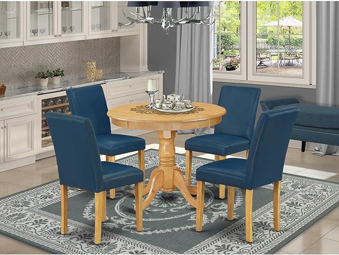 East West Furniture ANAB5-OAK-55 5 Piece Dining Room Table Set Includes a Round Kitchen Table with Pedestal and 4 Oasis Blue Faux Leather Upholstered Parson Chairs, 36x36 Inch, Oak