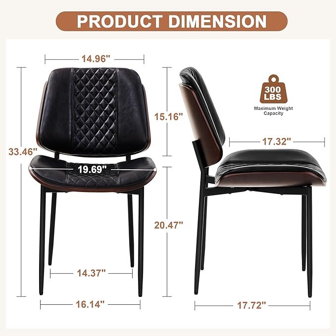 Dining Chairs Set of 6, Upholstered PU Leather Armless Chair, Mid Century Modern Dining Room Chairs, Retro Walnut Bentwood Kitchen Chair with Metal Legs and Adjustable Feet, Black