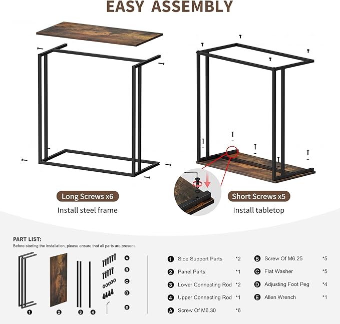 C-Shaped Side Table, Modern End Table with Metal Frame, Space Saving Design for Living Room，Large Surface Couch Table for Bedroom, and Home Office，24 x 12 x 24 inches (Brown)