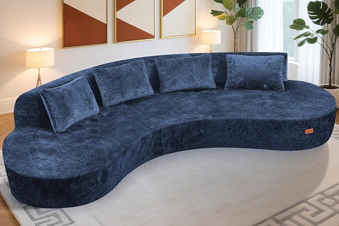 Homguava 130'' Modular Sectional Sofa,Curved Modern Sofa with Memory Foam,Deep Seat Cloud Couch with 4 Pillows,Upholstered Oversized Couches for Living Room Apartment Office,No Assembly Required-Blue