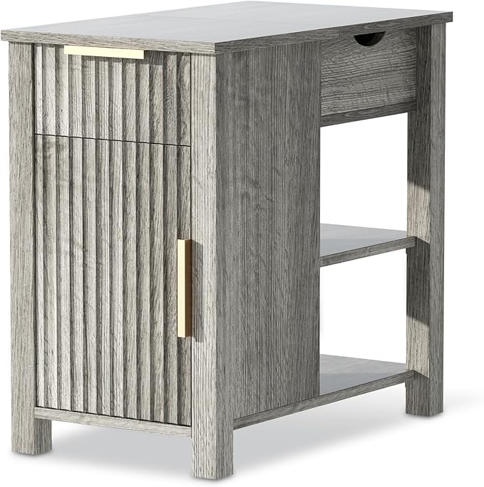End Table with Charging Station 24'' Nightstand with Charging Station Vintage Side Table with Storage Wooden Sofa Side Table and Outlets Bedside Table for Living Room Office Bedroom (Grey)