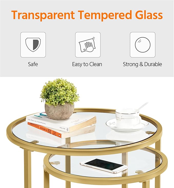 Yaheetech Round Nesting Side Table Stacking Coffee Table, Set of 2 Circular End Tables w/Metal Frame & Tempered Glass Top & Protective Foot Pads for Small Space Living Room Office, Mustard Gold