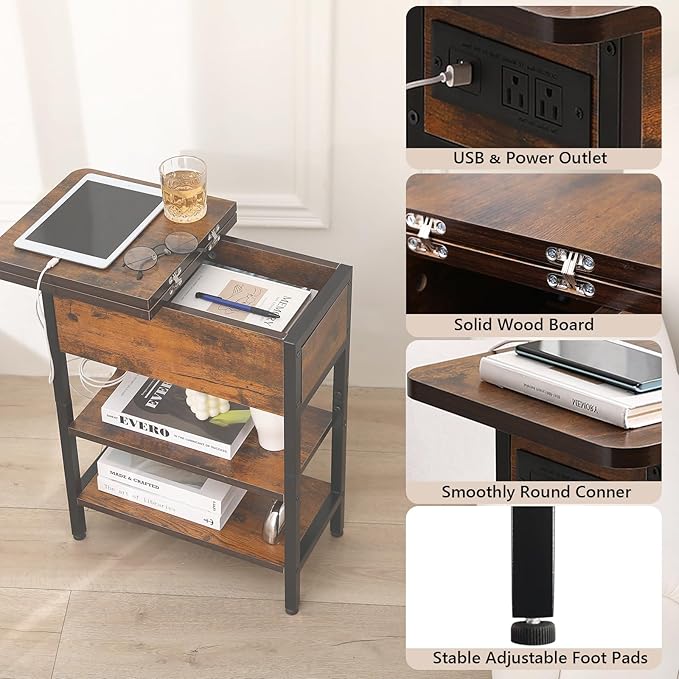 Modern End Table with Charging Station, Narrow Side Table with USB Ports & Outlets, Flip-Top Nightstand with Storage Shelf, Small Bedside Table for Living Room, Bedroom, Small Space,Rustic Brown