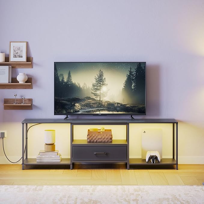 TV Stand with LED Lights, Entertainment Center with Open Shelves and Fabric Drawer, Media Console for 75 Inch TV, Television Stands for Living Room, Bedroom, Black
