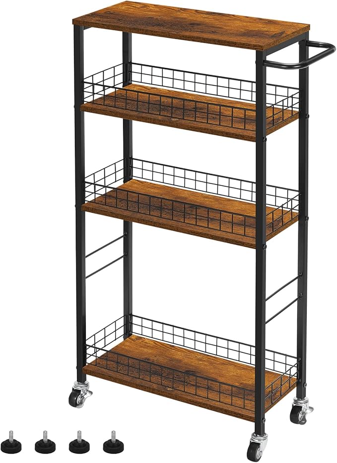 YBING Slim Storage Cart 4 Tier Narrow Kitchen Rolling Cart with Wooden Tabletop Mobile Utility Stand on Wheels for Bathroom Laundry Narrow Places Rustic Brown 16.5''L X 7.3''W X 34.6''H