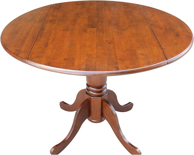 IC International Concepts, 42" Round Dual Drop Leaf Pedestal Dining Table, Solid Wood, Real Parawood, 42" W x 42" D x 29.5" H, Easy Assembly, Espresso
