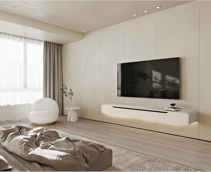 High Gloss Floating TV Stand with 3 Doors,86'' Wall Mounted TV Cabinet,Under TV Console,Floating Media Shelft for Bedroom Living Room(White)