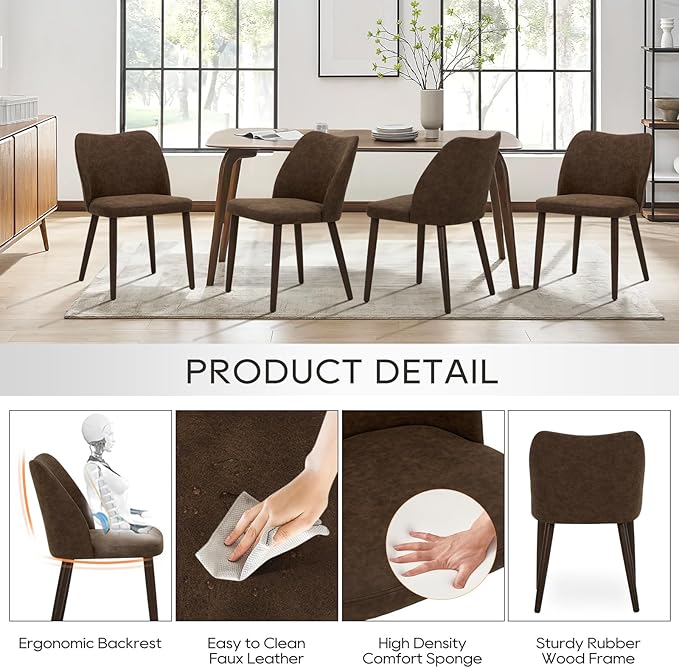 COLAMY Upholstered Dining Chairs Set of 6, Modern PU Leather Dining Room Kitchen Side Chair with Padded Seat and Wood Legs Restaurant/Cafe, Dark Brown