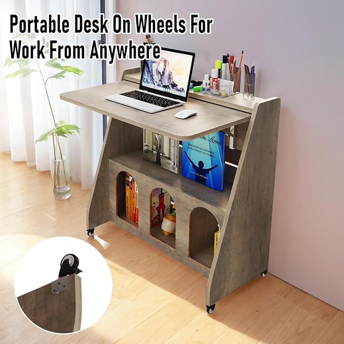 Pmnianhua Portable Mobile Desk on Wheels,Mobile Workstation,Rolling Computer Desk with Wheels and Storage for Home Office Small Space (Grey)