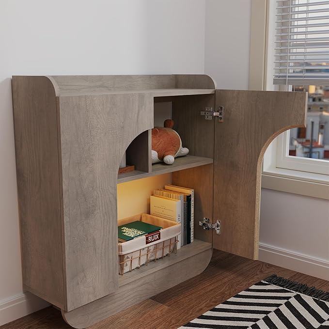 Pmnianhua Farmhouse Entryway Console Table with Storage,Modern LED Light Storage Cabinet with 3 Doors,Rounded Edges, Plywood Construction,Accent Sideboard for Living Room,Hallway,Bedroom(Grey)