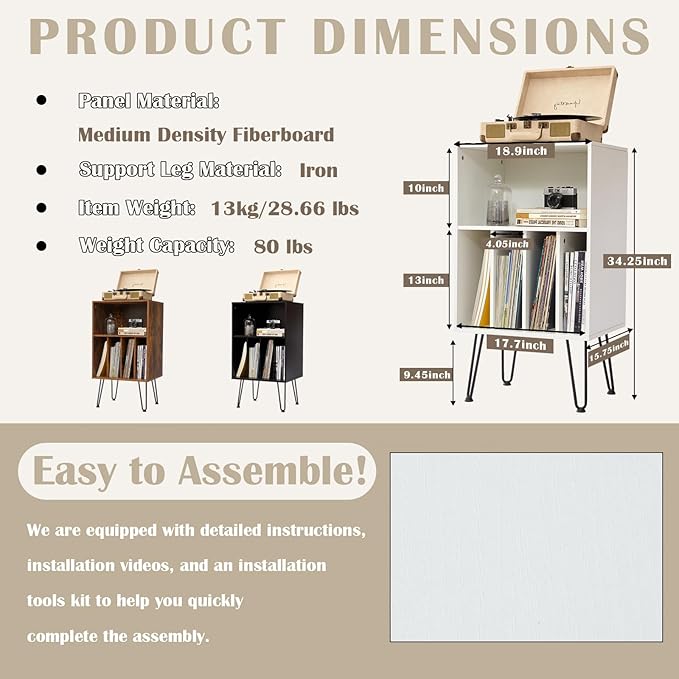 Record Player Stand with Vinyl Storage, Cabinet Holds Up to 150 Albums, End Table for Turntable, Living Room, White