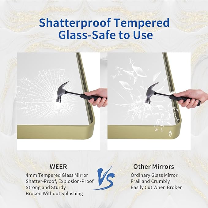 WEER Gold Bathroom Mirror, 40X30 Inch Brushed Gold Metal Frame Mirror, Rounded Rectangle Gold Bathroom Vanity Mirror for Wall, Tempered Glass, Anti-Rust, Hangs Horizontally or Vertically