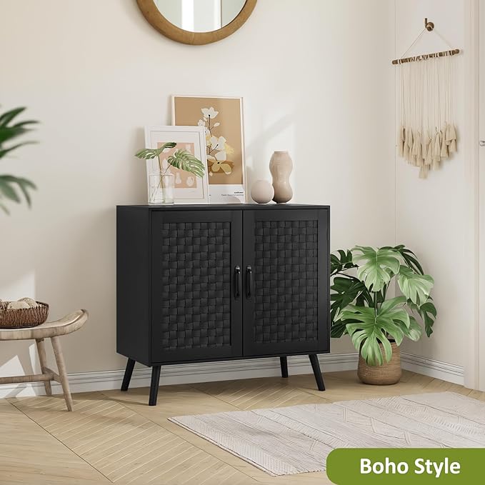 Black Buffet Sideboard Cabinet, Storage Cabinet with Handmade PVC Rattan Decor Doors, Wooden Coffee Station with Adjustable Shelf for Kitchen, Living Room, Entryway