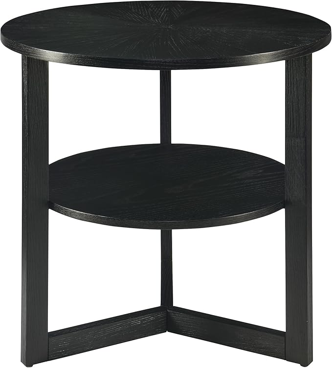 Large Round End Table with Storage Shelf, Rustic Beside Tables with Umbrella Top,Traditional Circular Sofa Side Table, 25.2”D Telephone Table for Living Room Easy Assembly Brushed Black CJZ3338BK