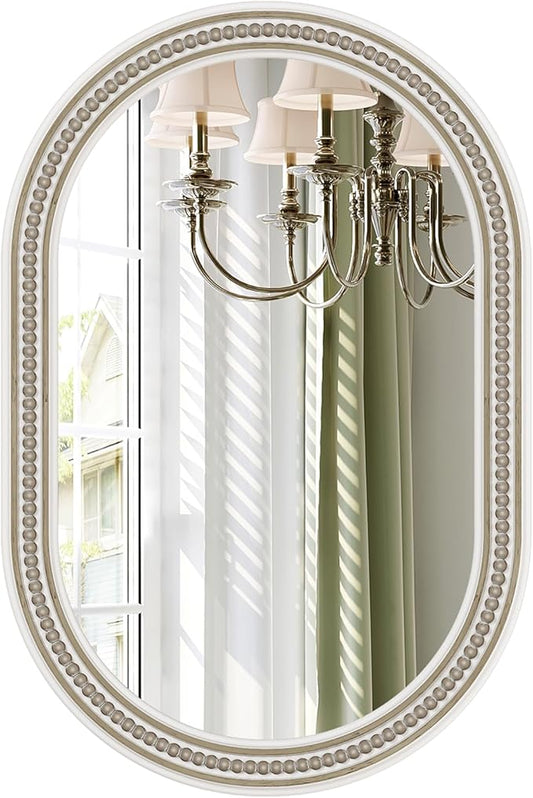 Boho Oval Mirror, 24" x 36" Farmhouse Antique Oval Bathroom Mirrors, Wooden Rustic Decorative Mirror with Beaded for Wall, Bedroom, Dining Room, Hallway, Vertical or Horizontal Hanging