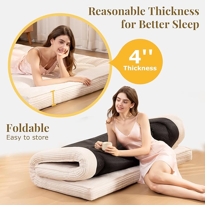 Japanese Floor Mattress, 4" Thicken Futon Mattress Full Size Sleeping Pad, Corduroy Foldable Floor Pad, Roll Up Tatami Mat for Adults Guest Room Bedroom, Beige