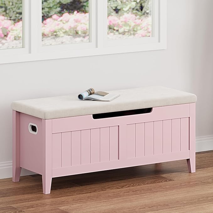 GAOMON Storage Bench with Cushion, 39.4” Wooden Chest Storage Box with 2 Safety Hinges, Entryway Benches with Flip-Top, Large Trunk for Living Room, Bedroom, Easy Assembly