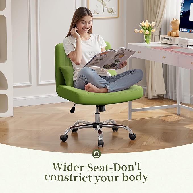 Warmiehomy Criss Cross Office Chair with Wheels, Velvet Cross-Legged Desk Chairs for Home, Height Adjustable Swivel Wide Seat Computer Chair, Morden Vanity Chair for Women, Light Green